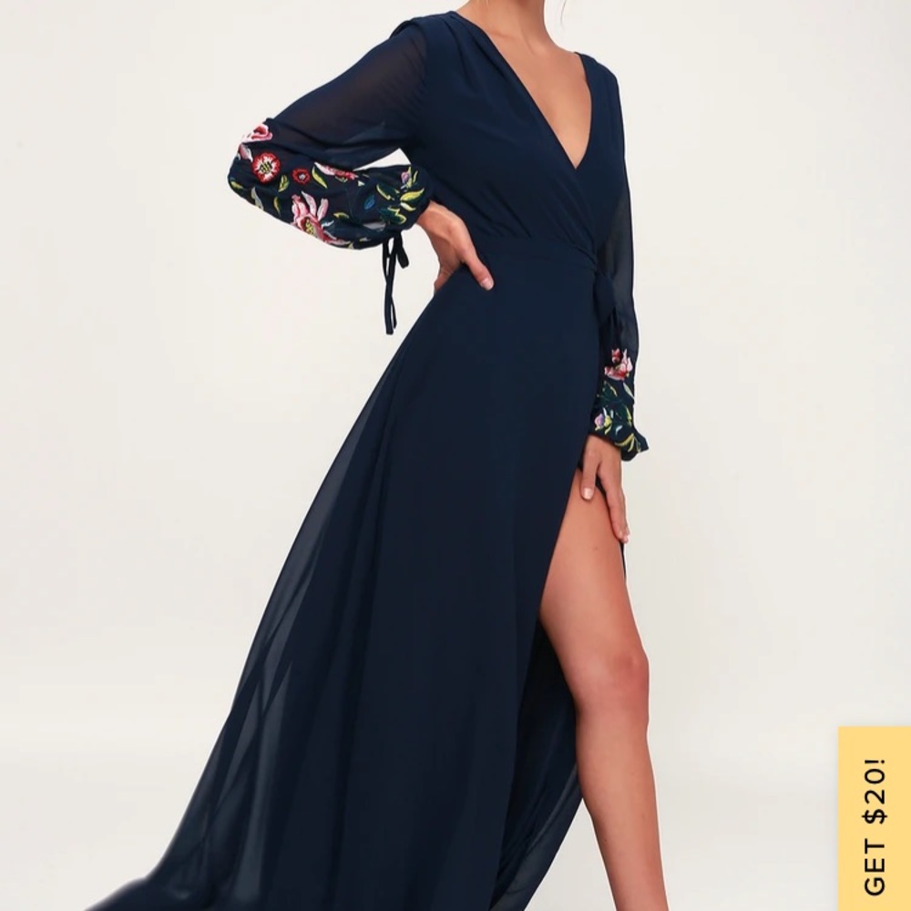 NWT - Lulu’s - My Angel Navy Blue Embroidered Long Sleeve Wrap Maxi Dress - M